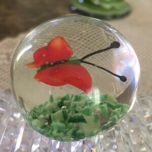 Vintage Art Glass Red Butterfly in Grass Small Blown Paperweight